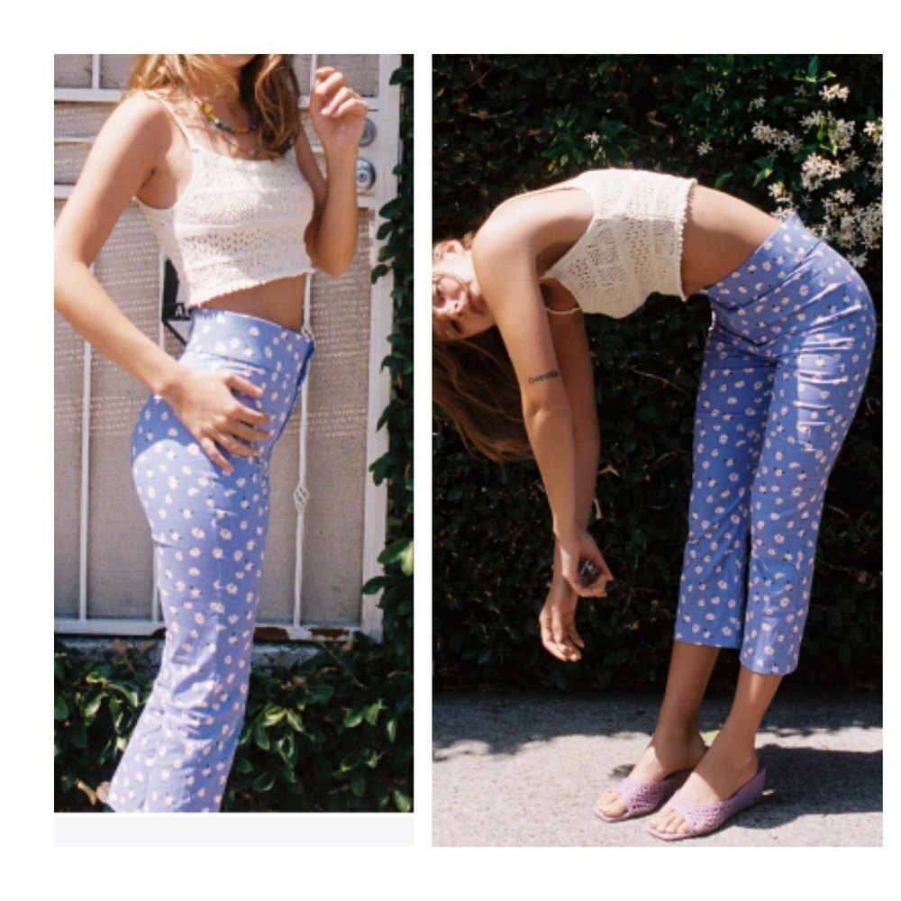 ZARA Floral Print Capri Trouser Pants Flowers Blue Multicolor Stretch Slim S